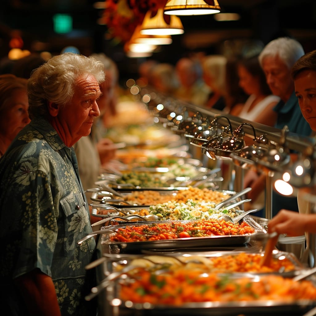 Image capturing a gaucho carving meat at a Brazilian churrascaria buffet, showcasing the vibrant culinary experience offered.