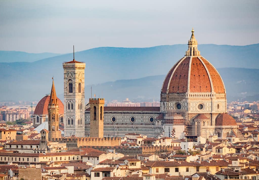 Panoramic view of Florence from the top of the Cathedral of Santa Maria del Fiore's dome. 