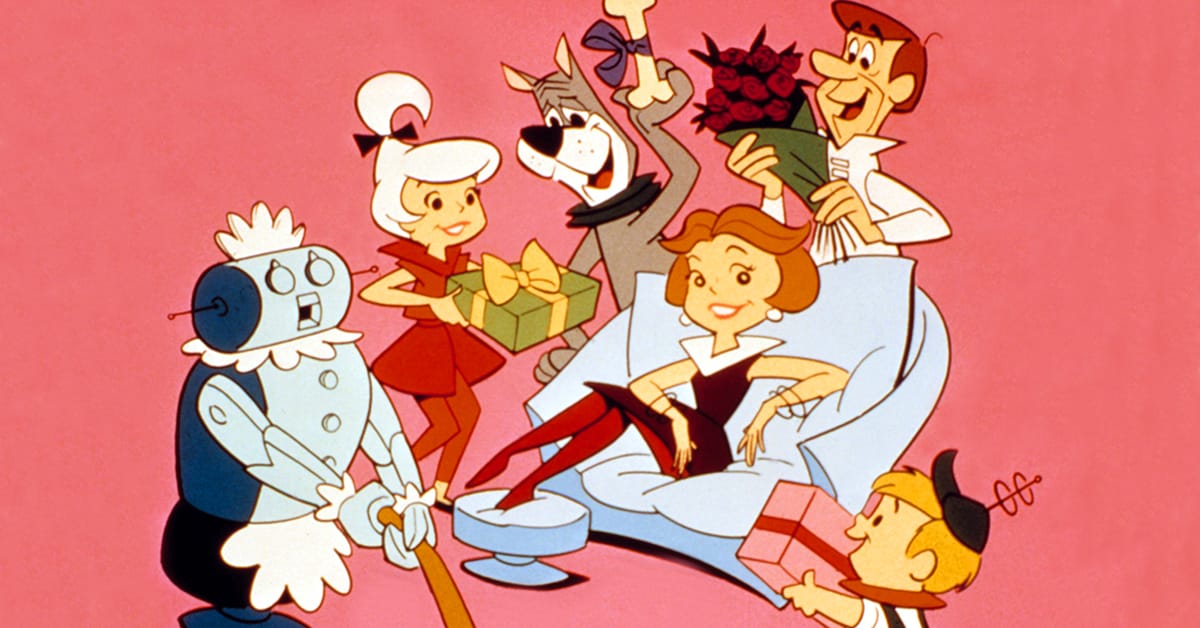A vibrant cityscape from The Jetsons, featuring flying cars and sleek buildings.