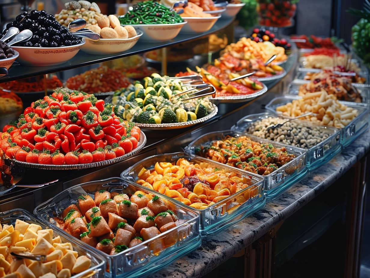 Image depicting people waiting in line with proper spacing and utilizing serving tools at an all-you-can-eat buffet, illustrating etiquette and social dining.