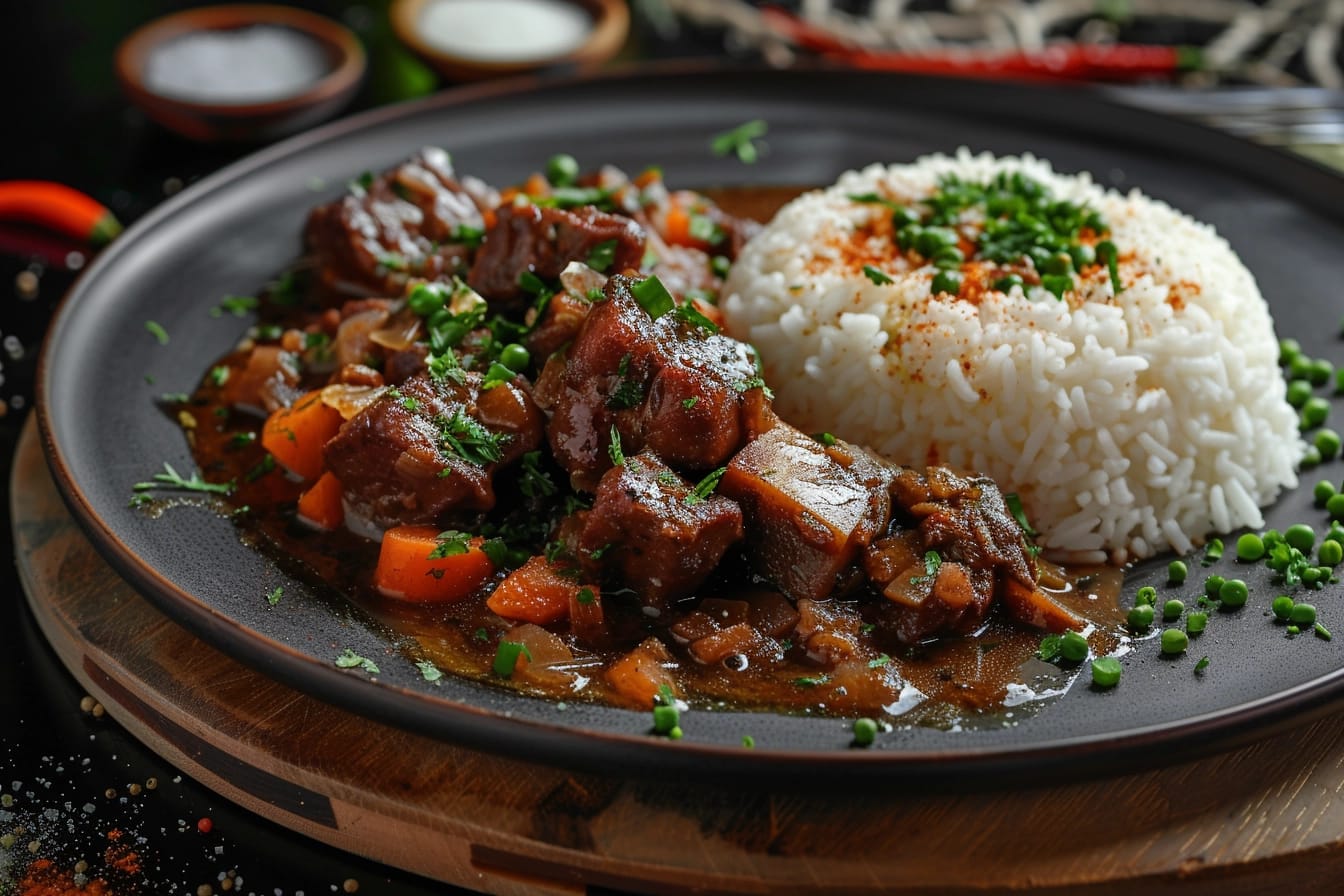 Close-up of succulent braised short ribs served with mashed potatoes and roasted vegetables.