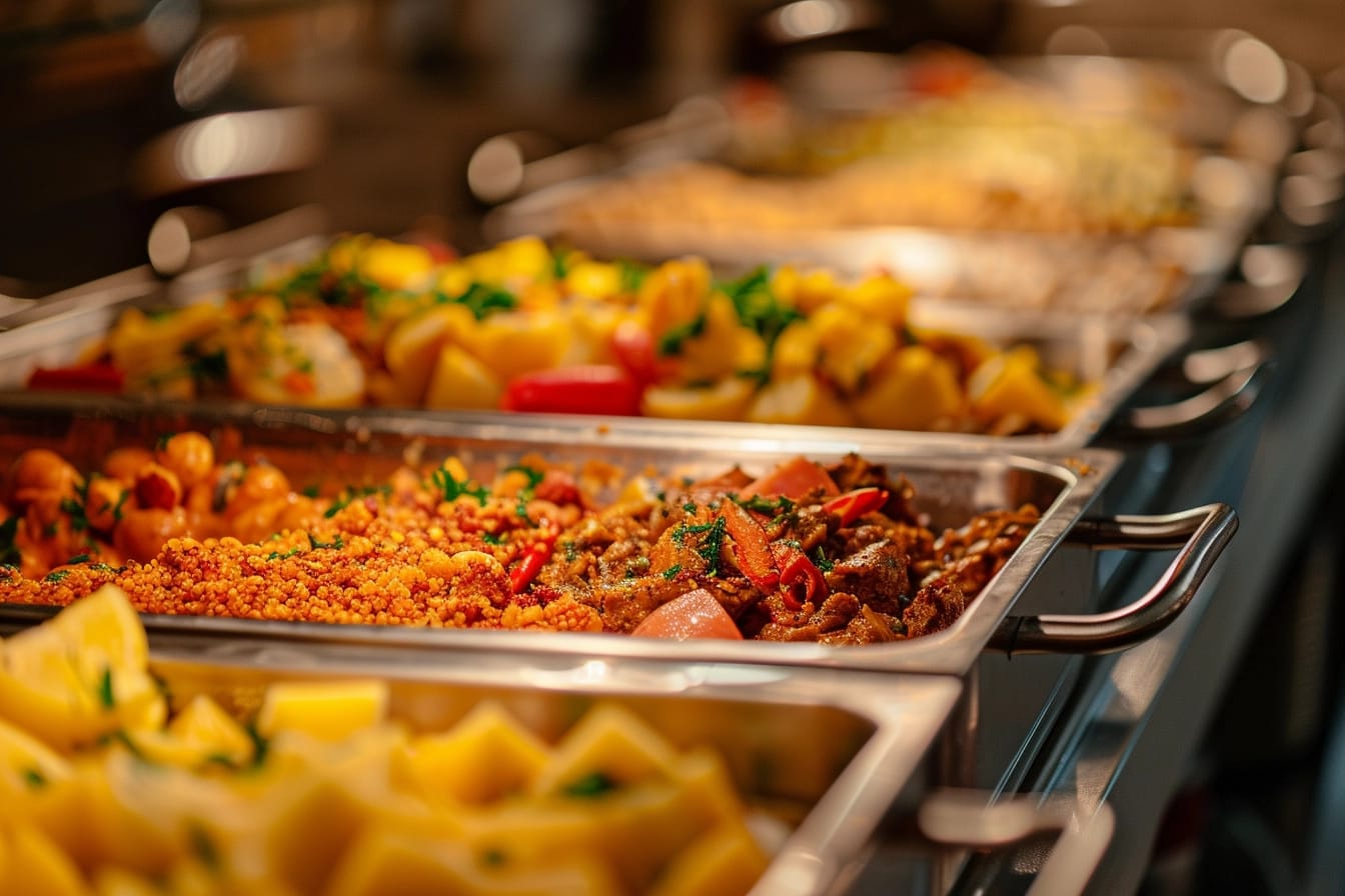 Image displaying a bin for food waste at a buffet, highlighting the issue of food waste and the importance of mindful eating practices.