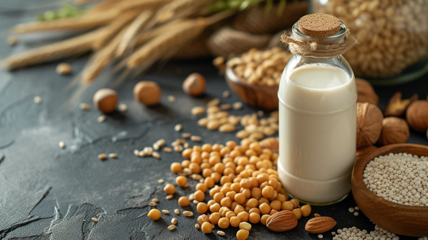 Two glasses side by side, one filled with cow's milk and the other with soy milk, illustrating the nutritional comparison between the two options.