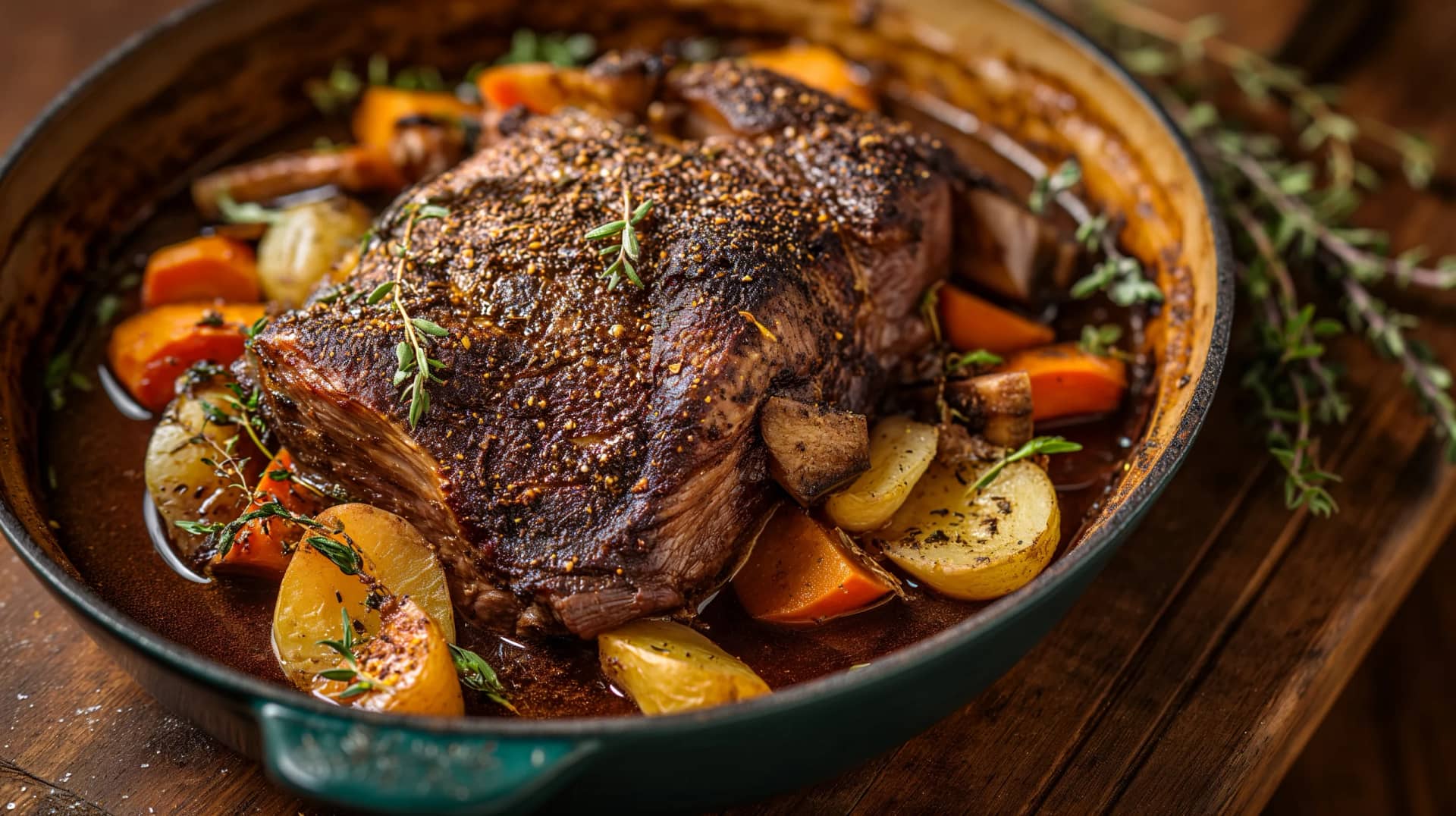 Plated braised short ribs garnished with fresh herbs and served with a side of creamy polenta.